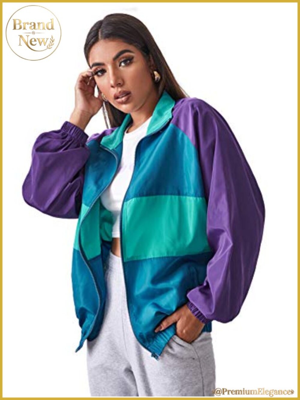 Women's Color Block Windbreaker Sport Jacket Full Zip Drop Shoulder Polyester